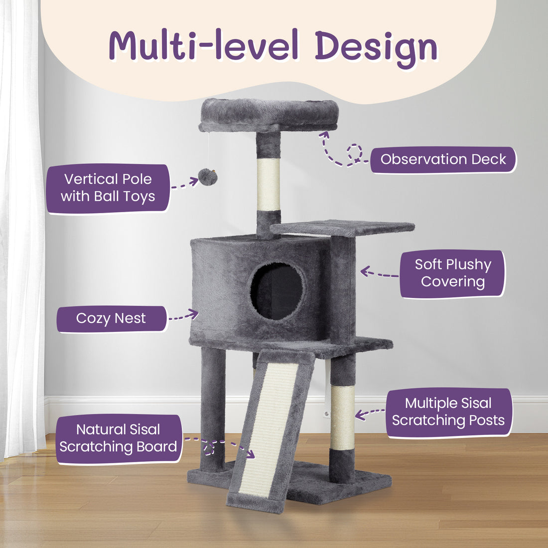 Dark grey cat house with cat climbing frame
